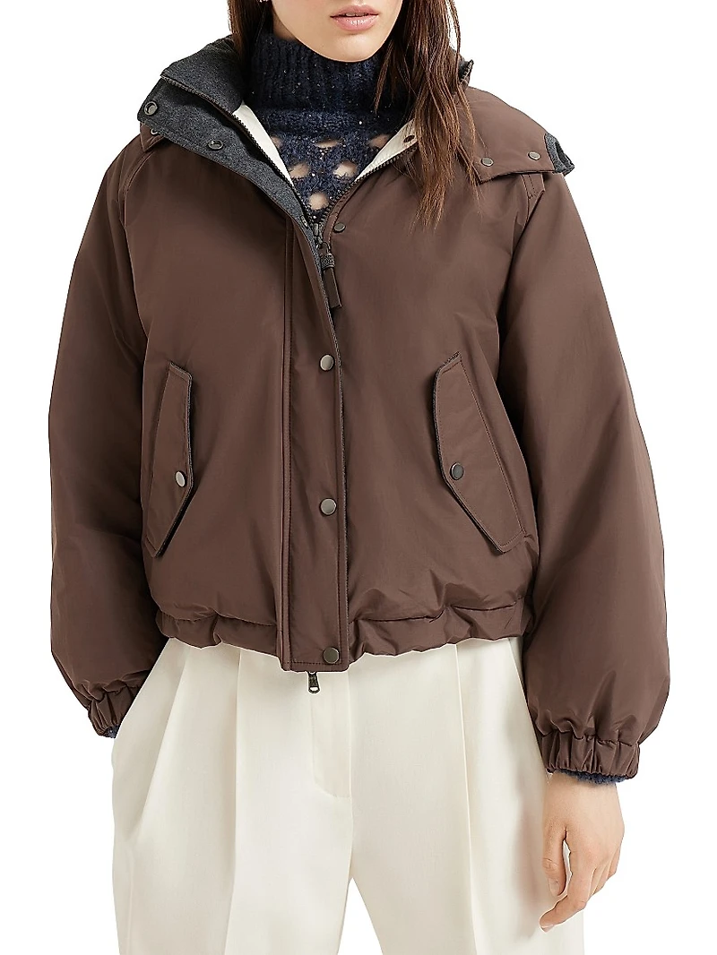 Techno Cotton Water Resistant Taffeta Cropped Down Jacket with Detachable Hood and Shiny Zipper Pull