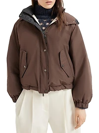 Techno Cotton Water Resistant Taffeta Cropped Down Jacket with Detachable Hood and Shiny Zipper Pull