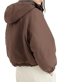 Techno Cotton Water Resistant Taffeta Cropped Down Jacket with Detachable Hood and Shiny Zipper Pull