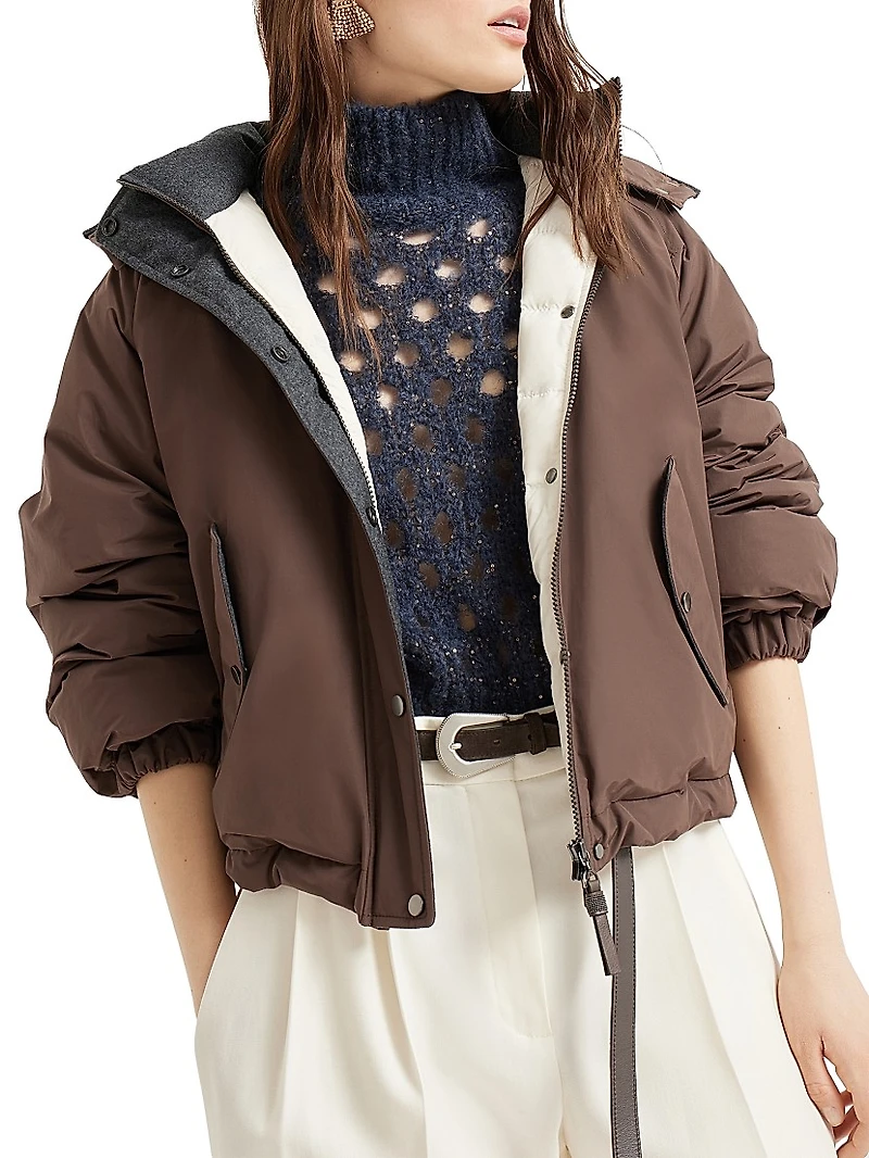 Techno Cotton Water Resistant Taffeta Cropped Down Jacket with Detachable Hood and Shiny Zipper Pull