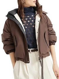 Techno Cotton Water Resistant Taffeta Cropped Down Jacket with Detachable Hood and Shiny Zipper Pull