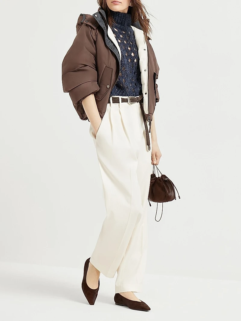 Techno Cotton Water Resistant Taffeta Cropped Down Jacket with Detachable Hood and Shiny Zipper Pull