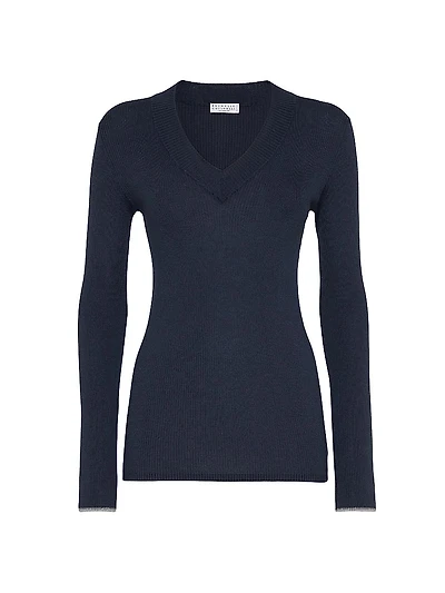 Cashmere and Silk Lightweight Sweater with Sparkling Cuffs