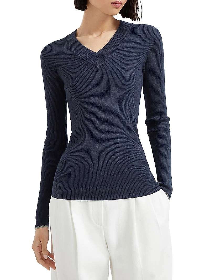 Cashmere and Silk Lightweight Sweater with Sparkling Cuffs