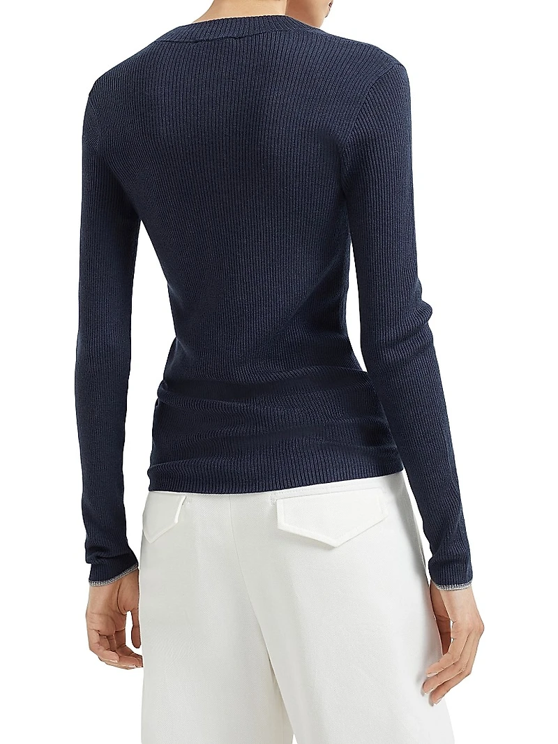 Cashmere and Silk Lightweight Sweater with Sparkling Cuffs