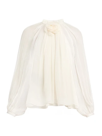 Rosette-Detailed Gathered Silk Blouse