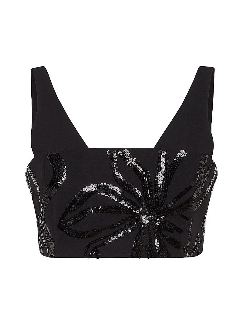 Tropical Luxury Wool Crop Top with Dazzling Floral Embroidery