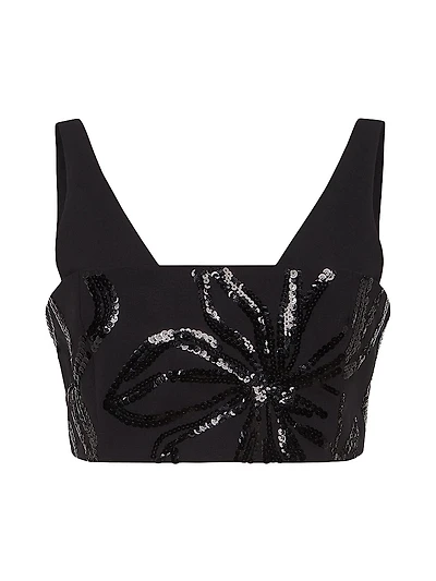 Tropical Luxury Wool Crop Top with Dazzling Floral Embroidery