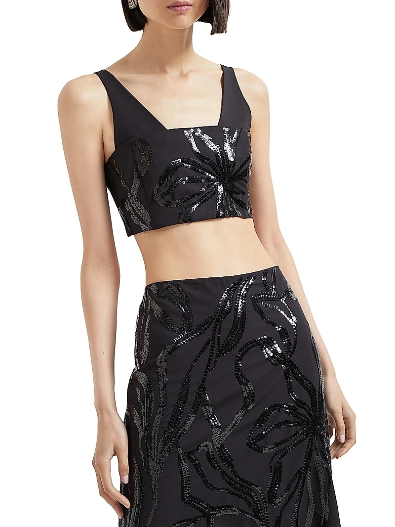 Tropical Luxury Wool Crop Top with Dazzling Floral Embroidery