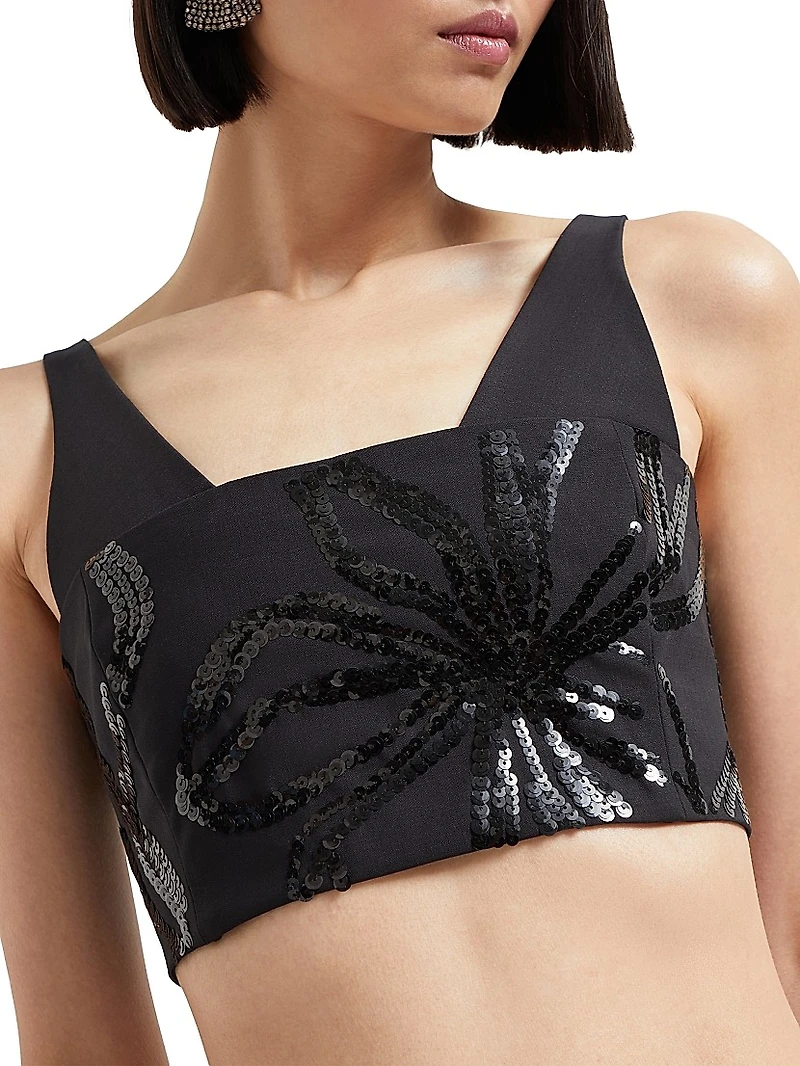 Tropical Luxury Wool Crop Top with Dazzling Floral Embroidery