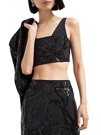 Tropical Luxury Wool Crop Top with Dazzling Floral Embroidery