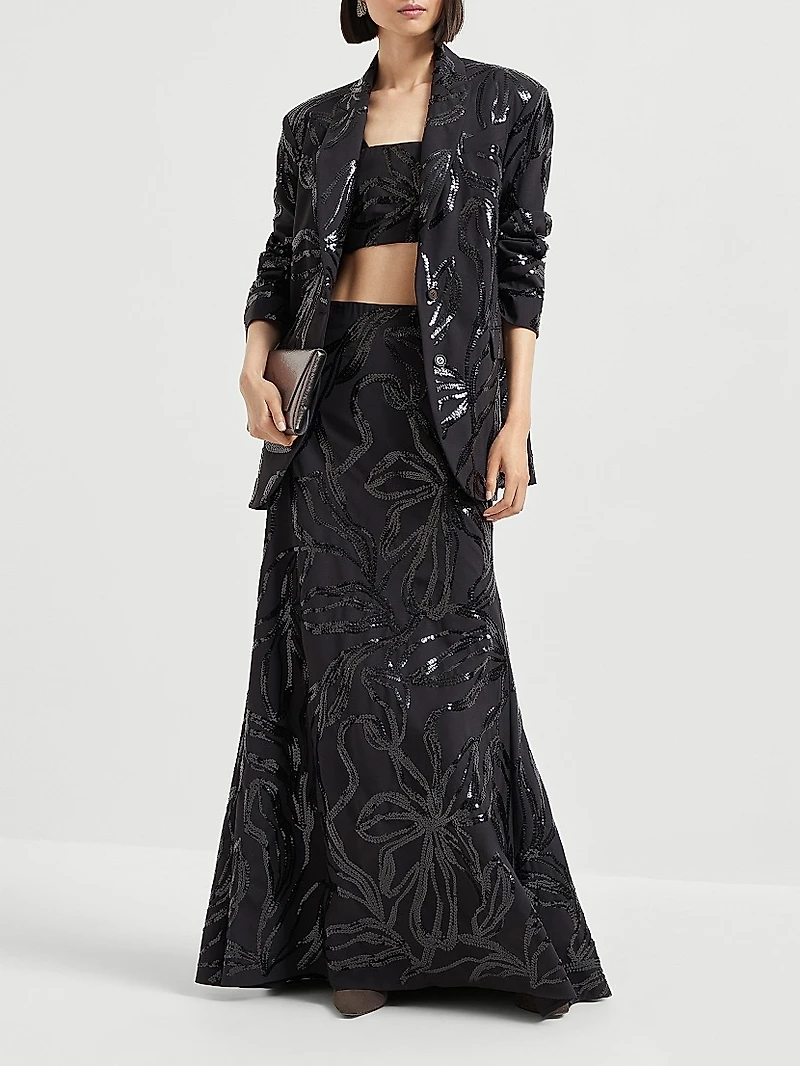 Tropical Luxury Wool Crop Top with Dazzling Floral Embroidery