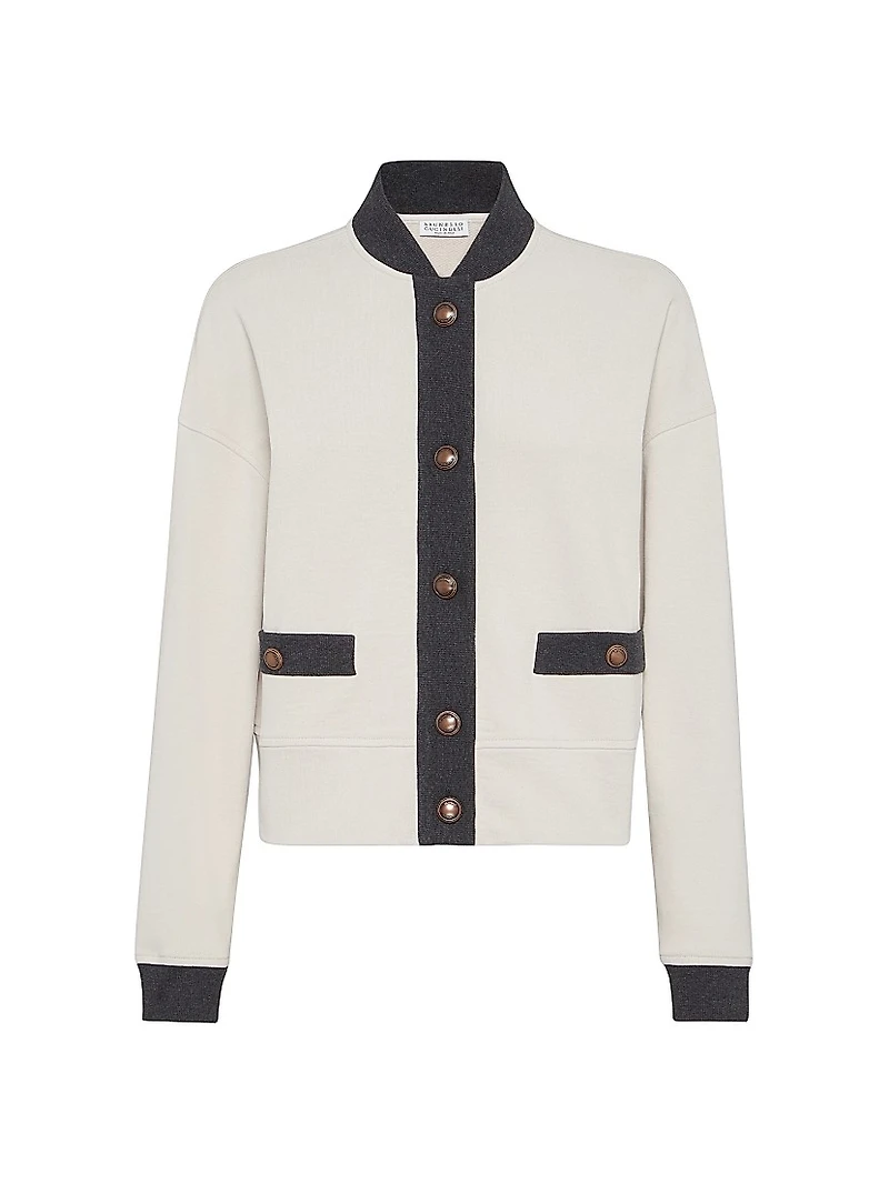 Cotton Smooth French Terry Cardigan Style Sweatshirt with Metal Buttons