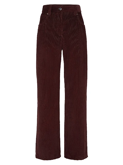 Cotton Corduroy Straight Five Pocket Trousers with Monili