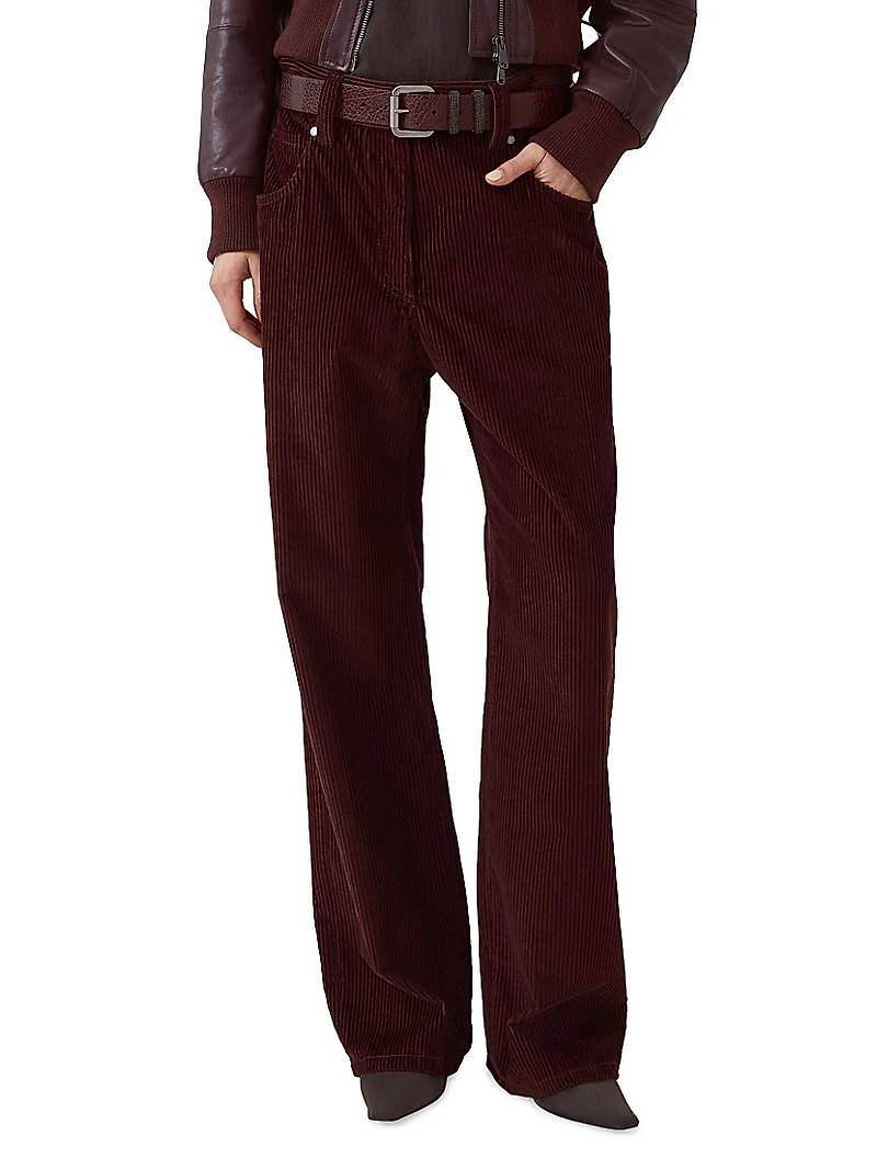 Cotton Corduroy Straight Five Pocket Trousers with Monili