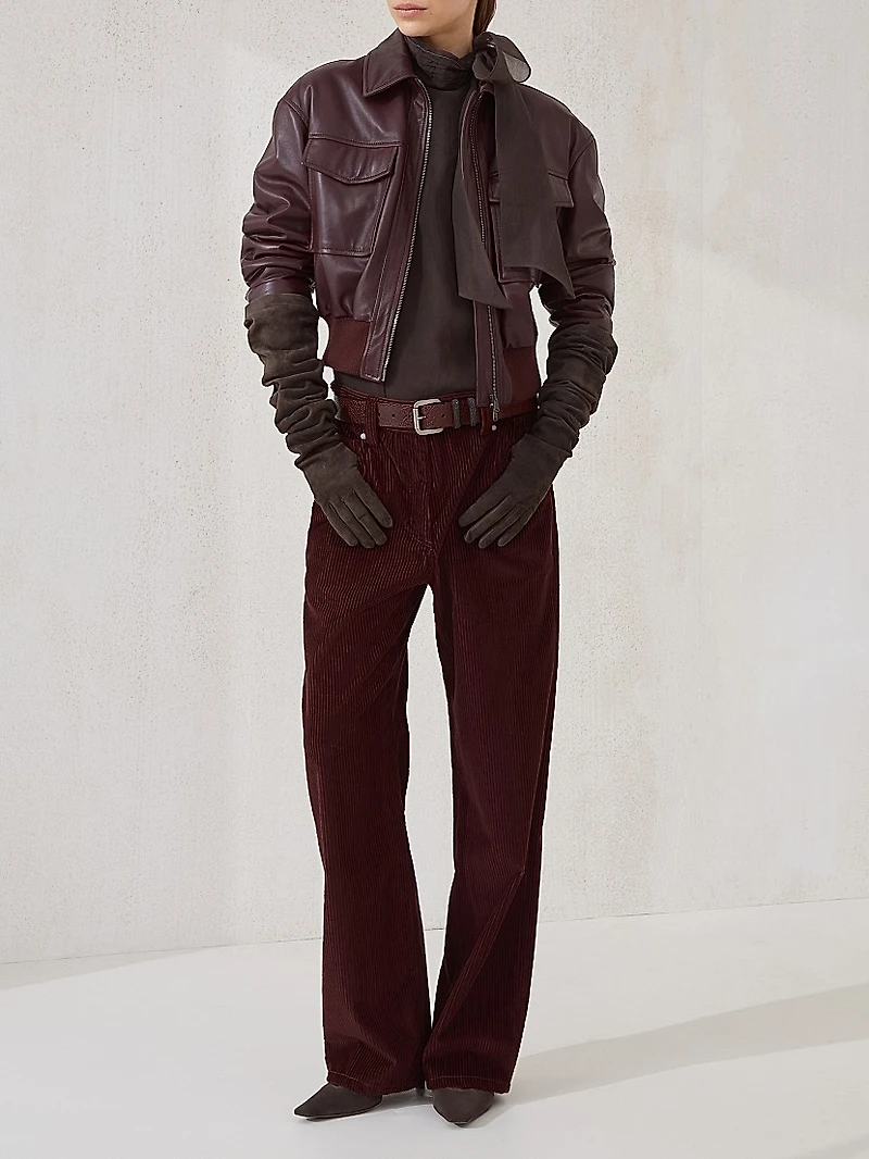 Cotton Corduroy Straight Five Pocket Trousers with Monili