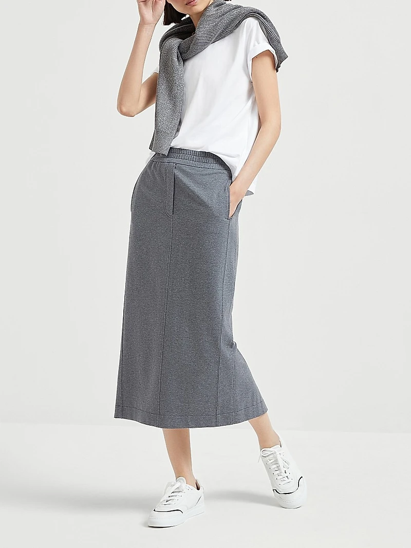 Stretch Cotton Lightweight French Terry Midi Track Skirt