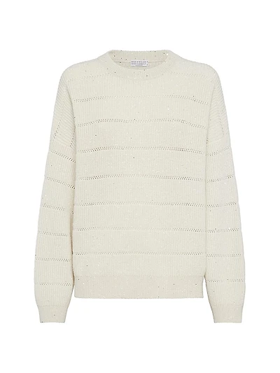 Dazzling Cashmere and Wool Ribbed Sweater with Openwork Stripe