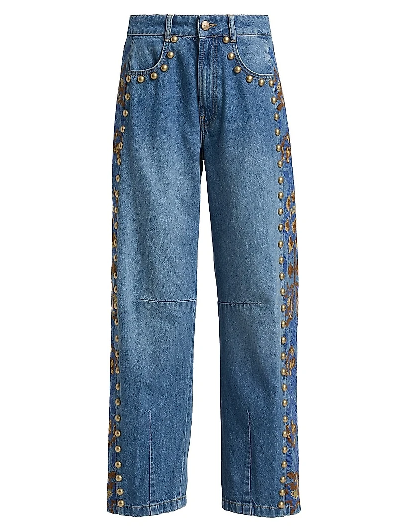 Embellished Stud High-Rise Straight-Leg Jeans