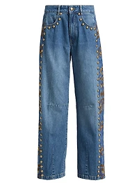 Embellished Stud High-Rise Straight-Leg Jeans