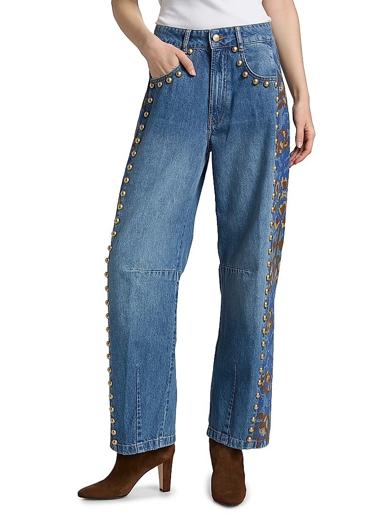 Embellished Stud High-Rise Straight-Leg Jeans