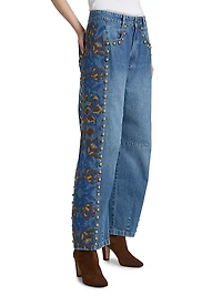 Embellished Stud High-Rise Straight-Leg Jeans