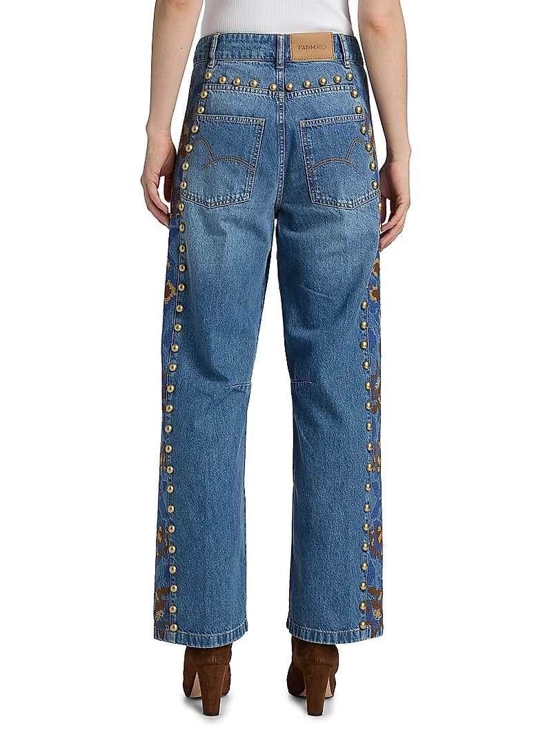 Embellished Stud High-Rise Straight-Leg Jeans