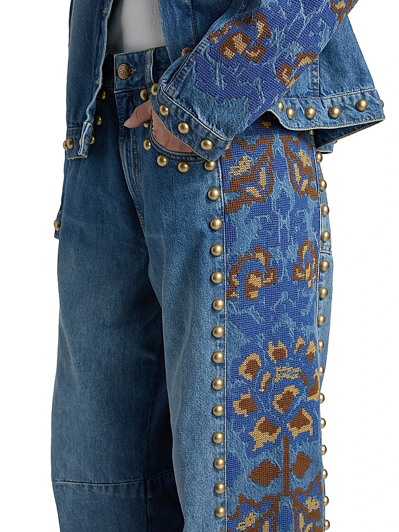 Embellished Stud High-Rise Straight-Leg Jeans
