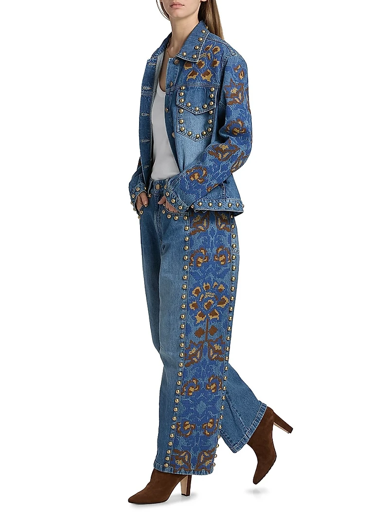 Embellished Stud High-Rise Straight-Leg Jeans