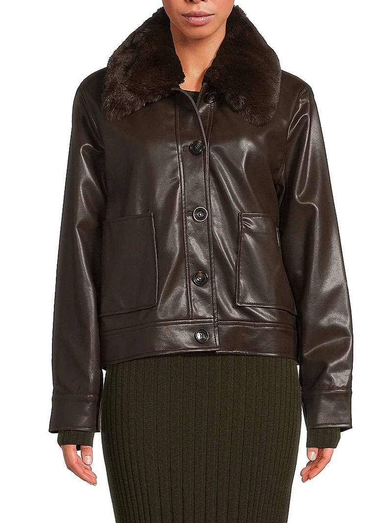 Faux Fur-Trimmed Leather Jacket