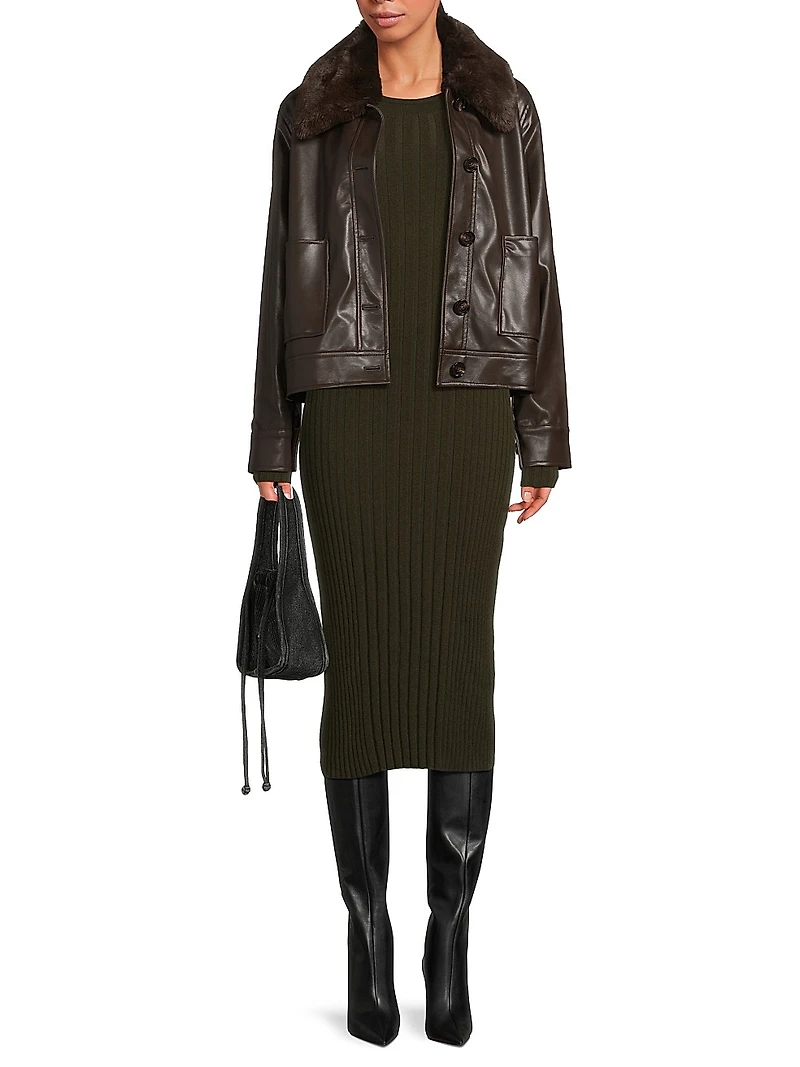 Faux Fur-Trimmed Leather Jacket