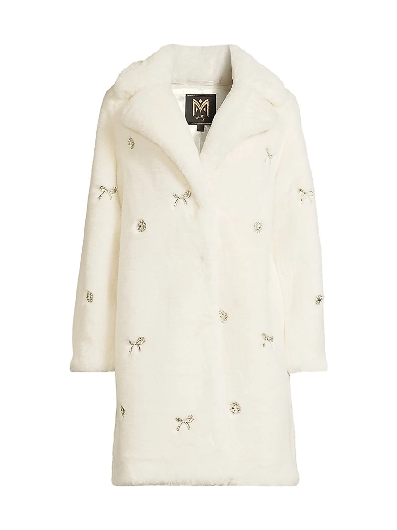 Jewel-Trimmed Faux Fur Coat
