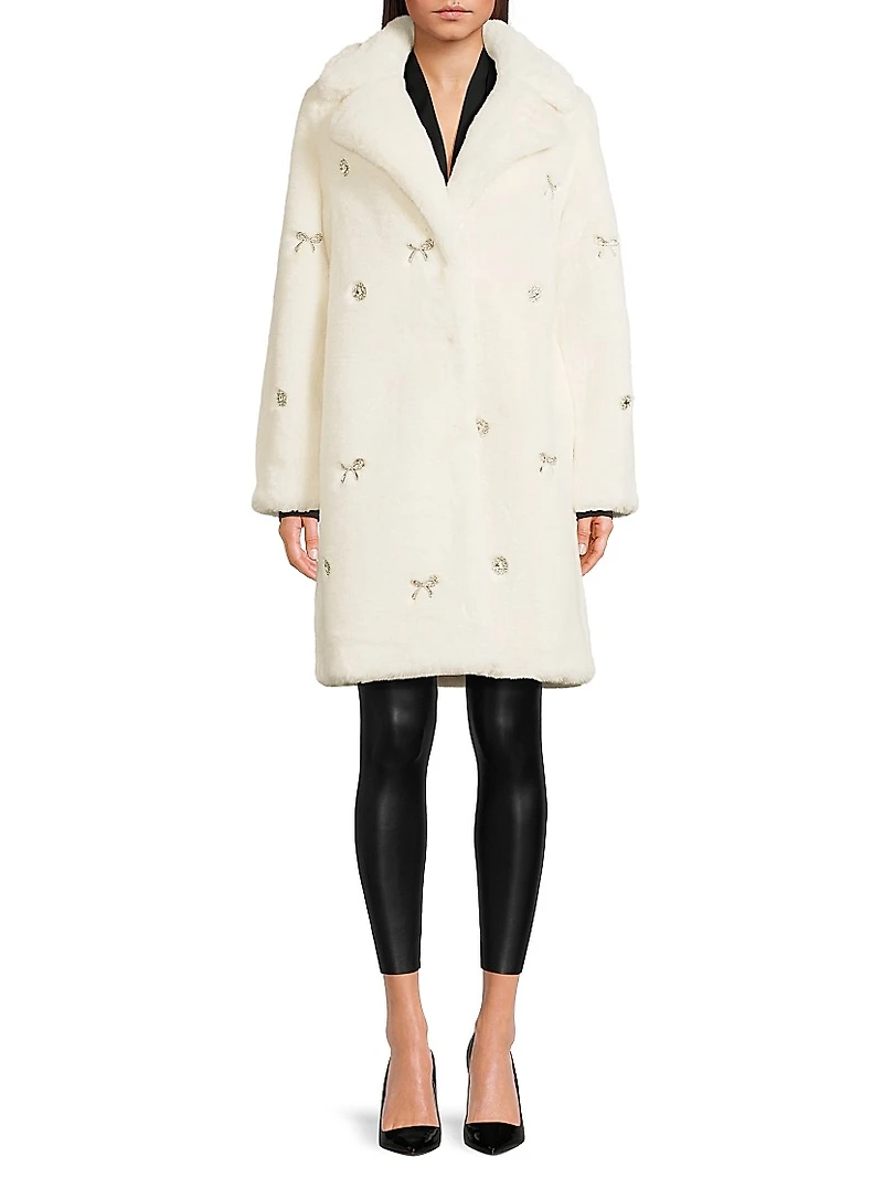 Jewel-Trimmed Faux Fur Coat