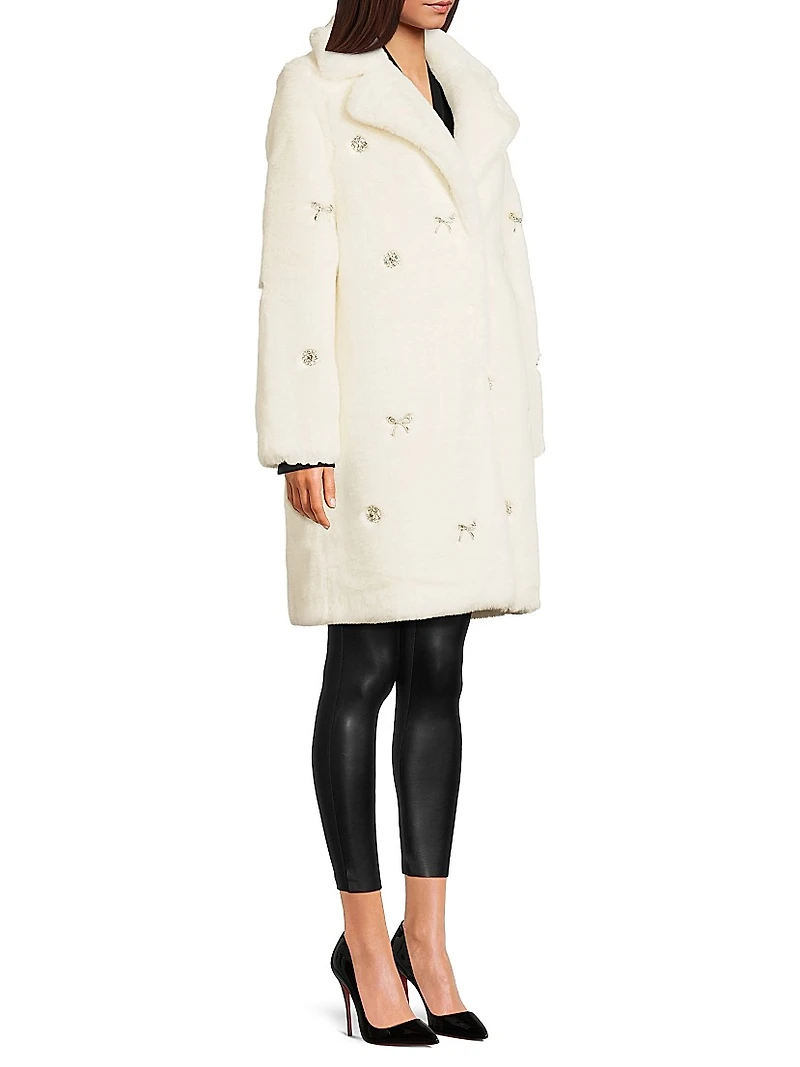 Jewel-Trimmed Faux Fur Coat