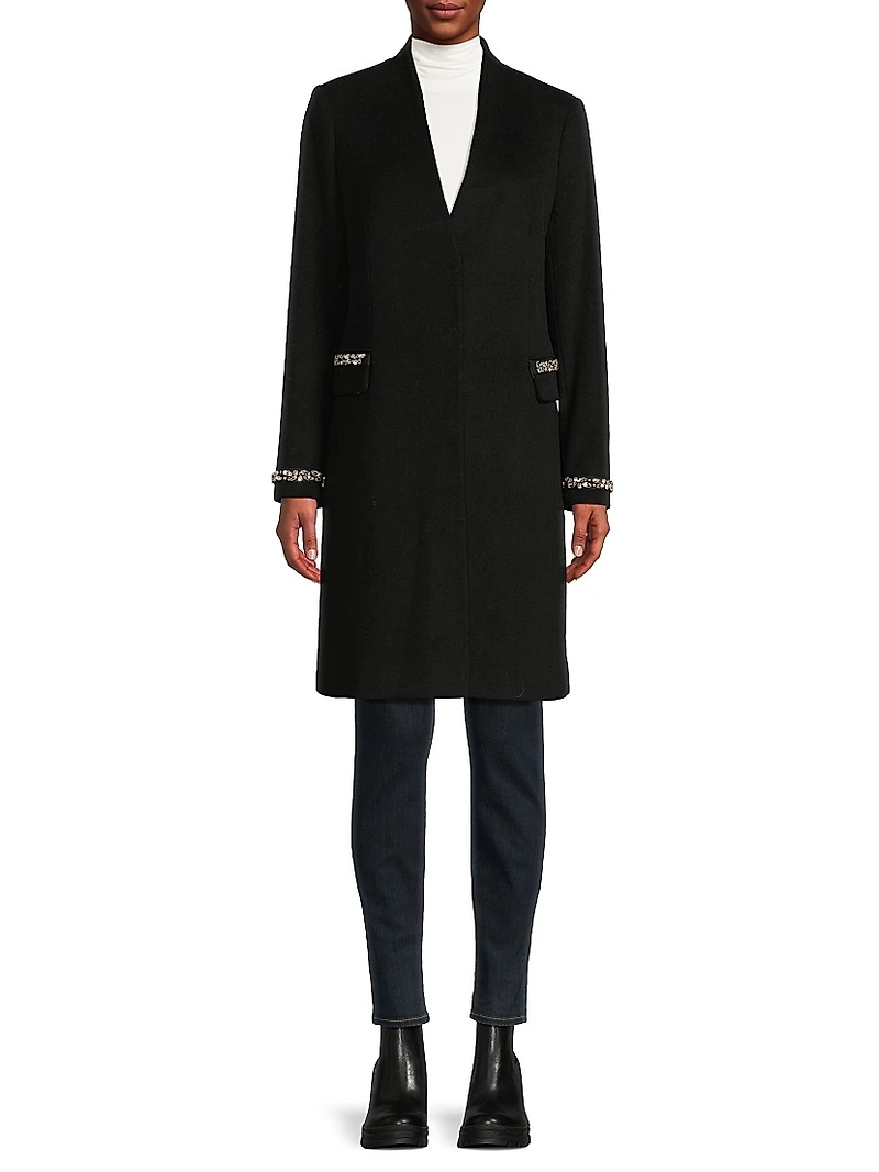 Collarless Jewel Trim Maxi Coat