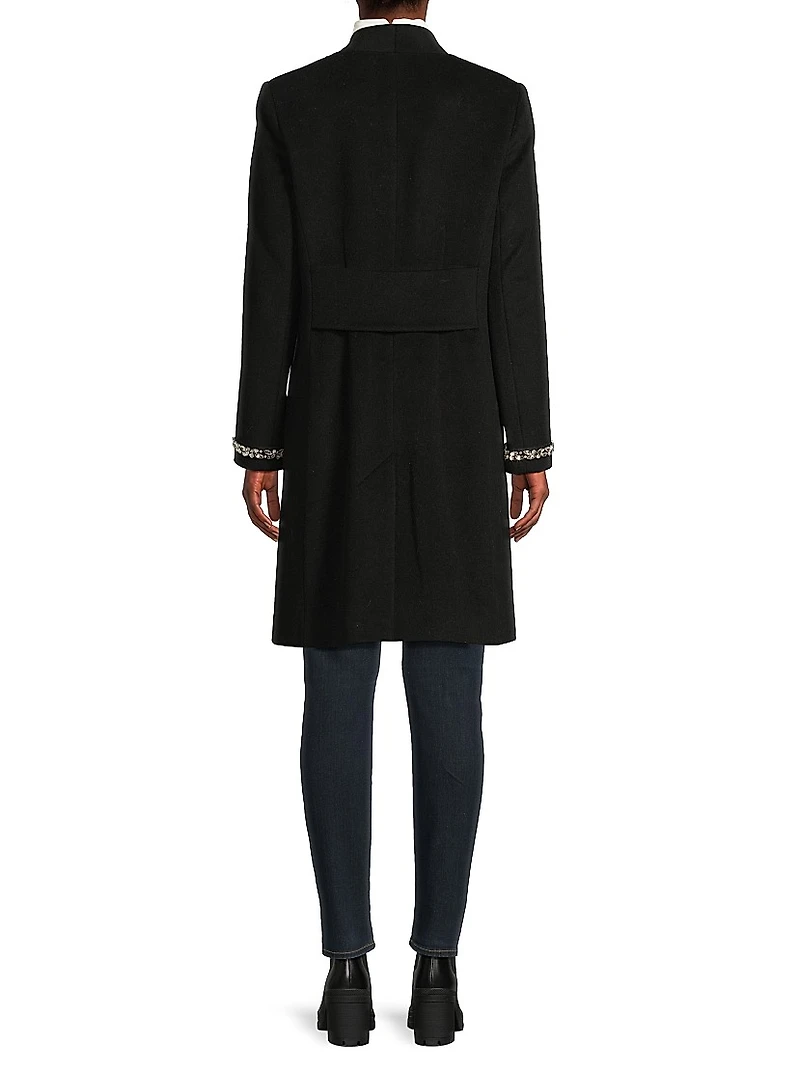 Collarless Jewel Trim Maxi Coat