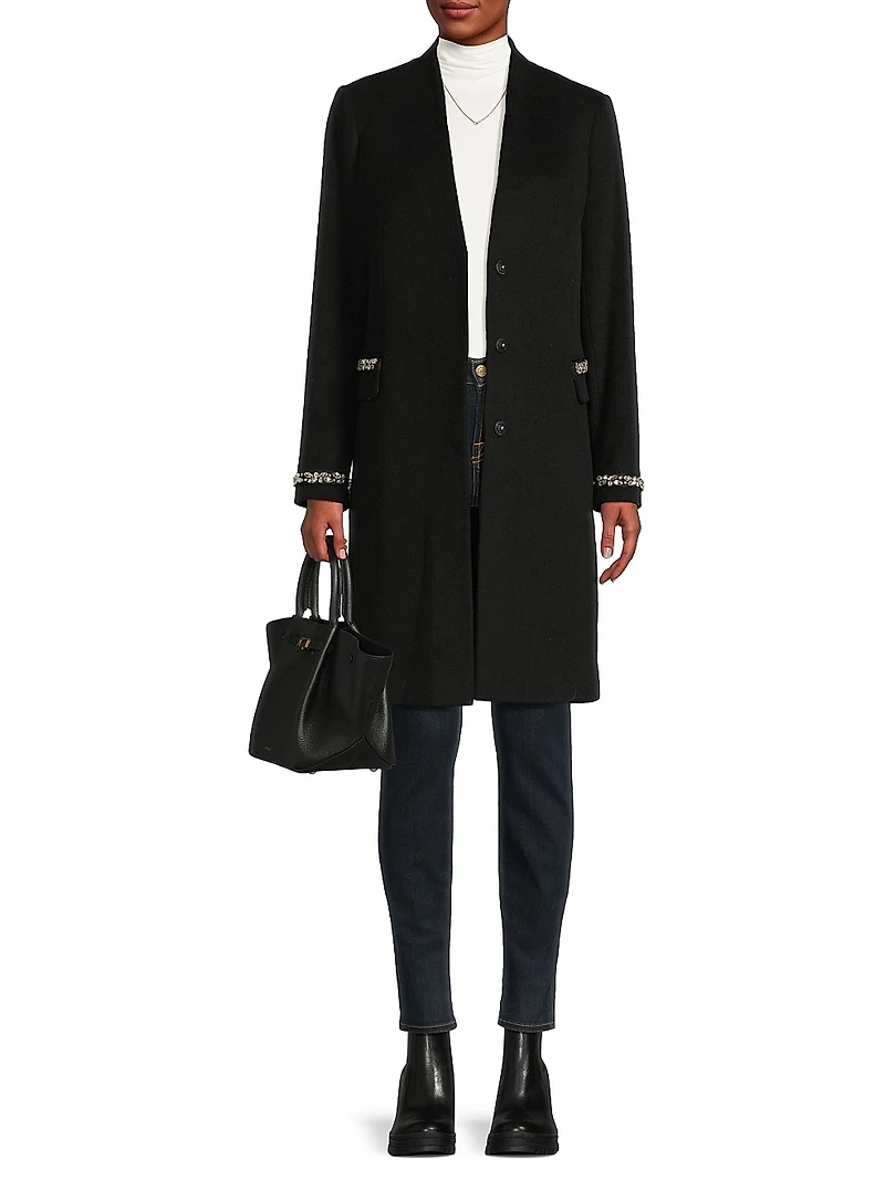 Collarless Jewel Trim Maxi Coat