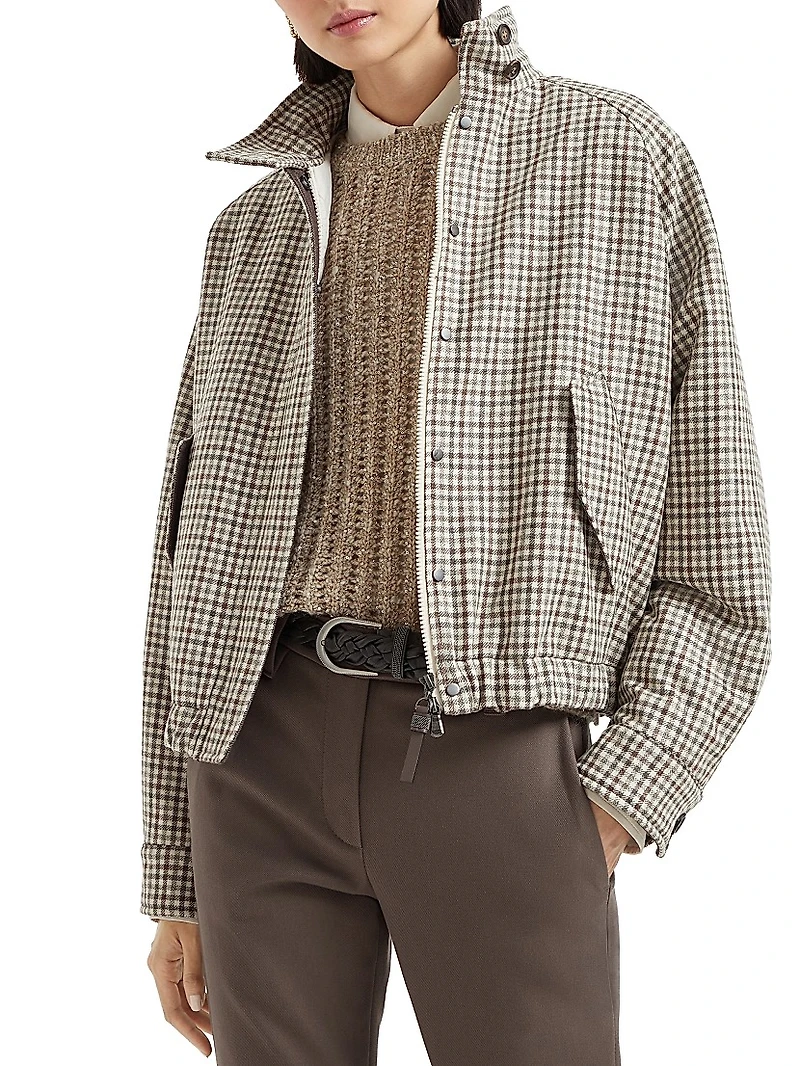 Virgin Wool Checked Flannel Bomber Jacket