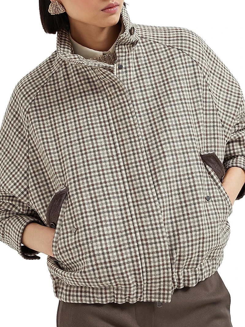 Virgin Wool Checked Flannel Bomber Jacket