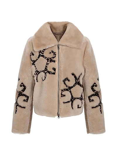 Reversible Shearling Lamb Jacket with Insignia Intarsia