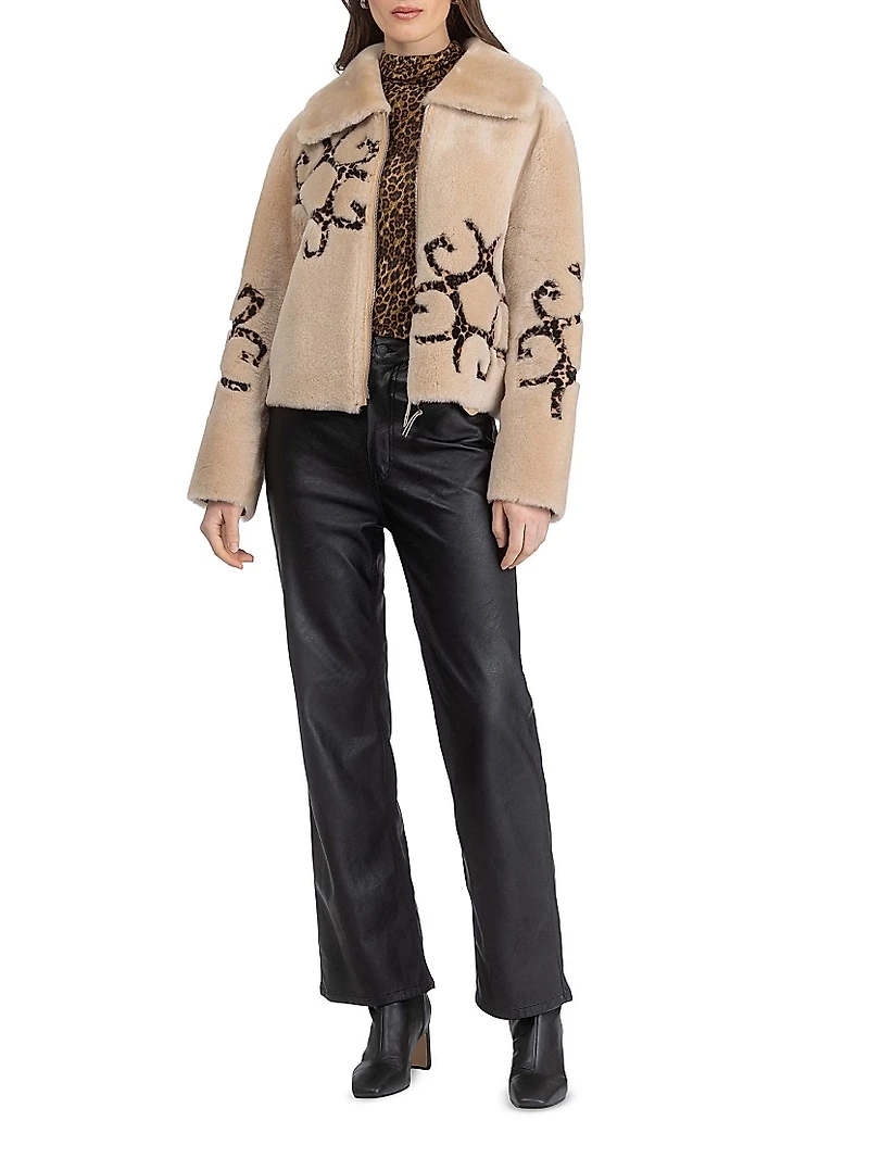 Reversible Shearling Lamb Jacket with Insignia Intarsia