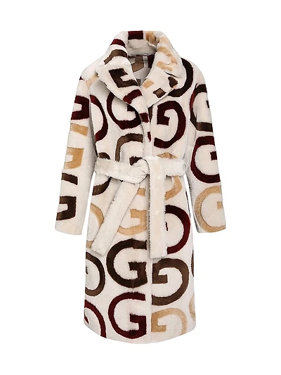 Reversible Merino Shearling Lamb G Intarsia Short Coat, Belt
