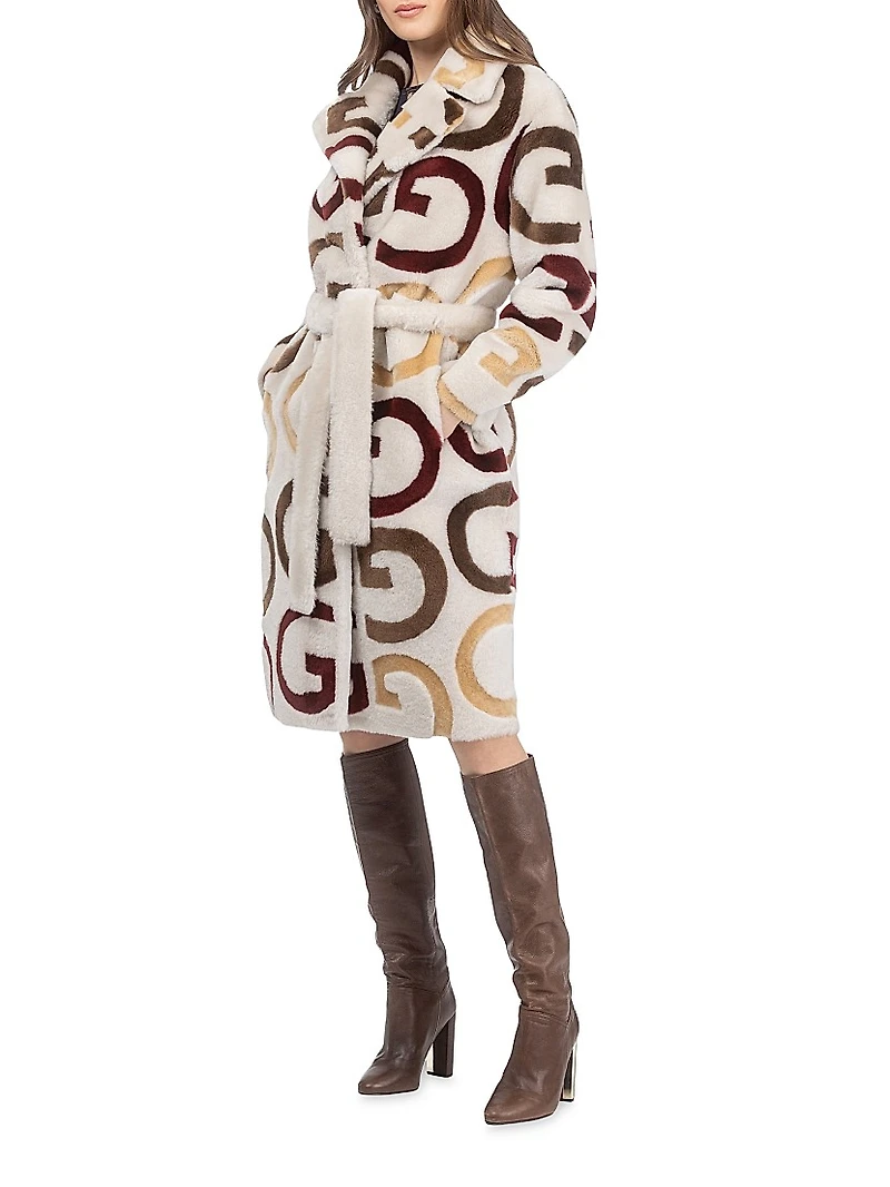 Reversible Merino Shearling Lamb G Intarsia Short Coat, Belt