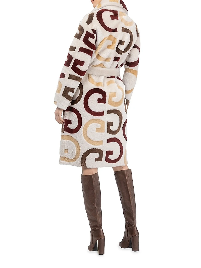 Reversible Merino Shearling Lamb G Intarsia Short Coat, Belt