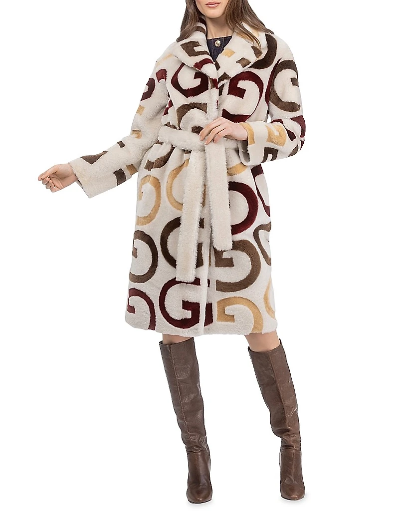 Reversible Merino Shearling Lamb G Intarsia Short Coat, Belt