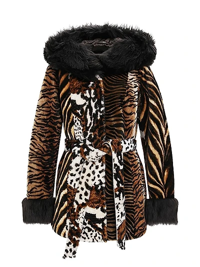 Shearling Lamb Parka with Merinillo Hood Trim and Cuffs, Belt