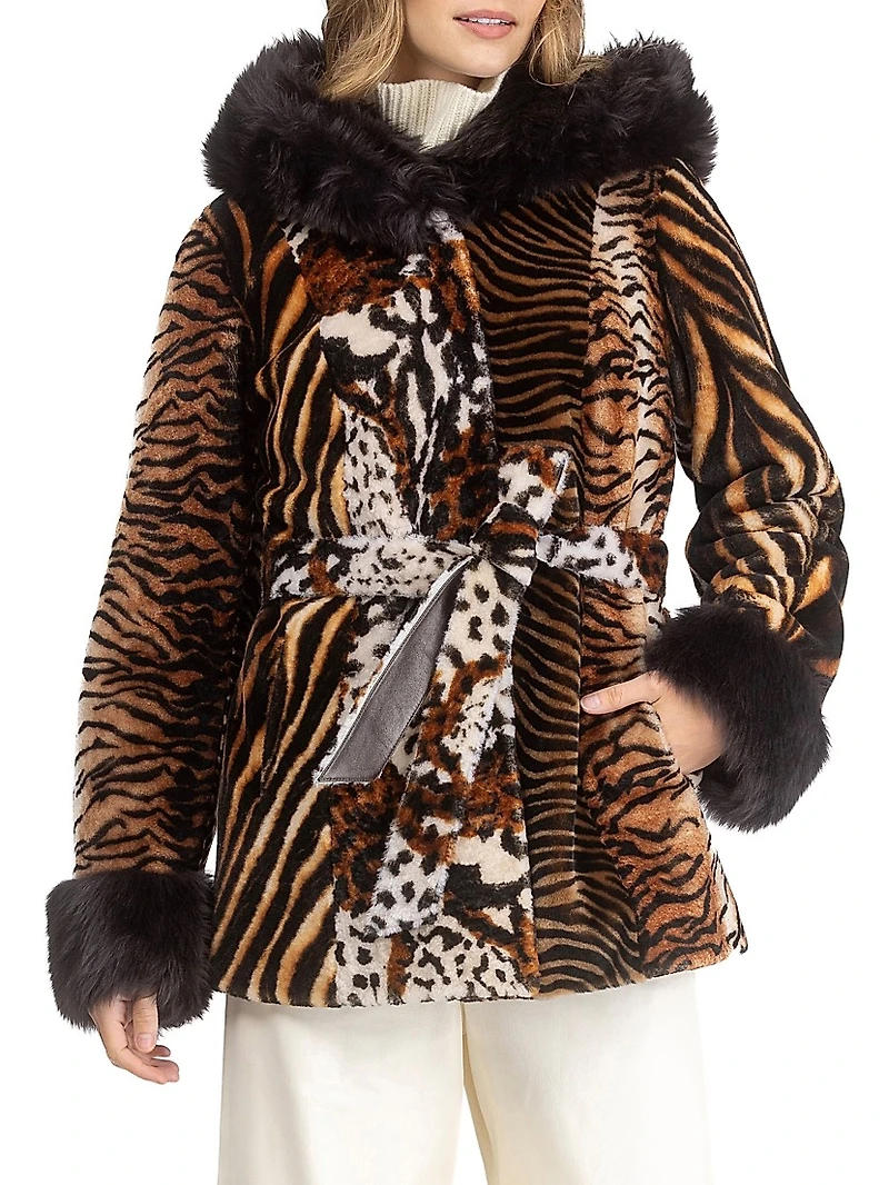 Shearling Lamb Parka with Merinillo Hood Trim and Cuffs, Belt