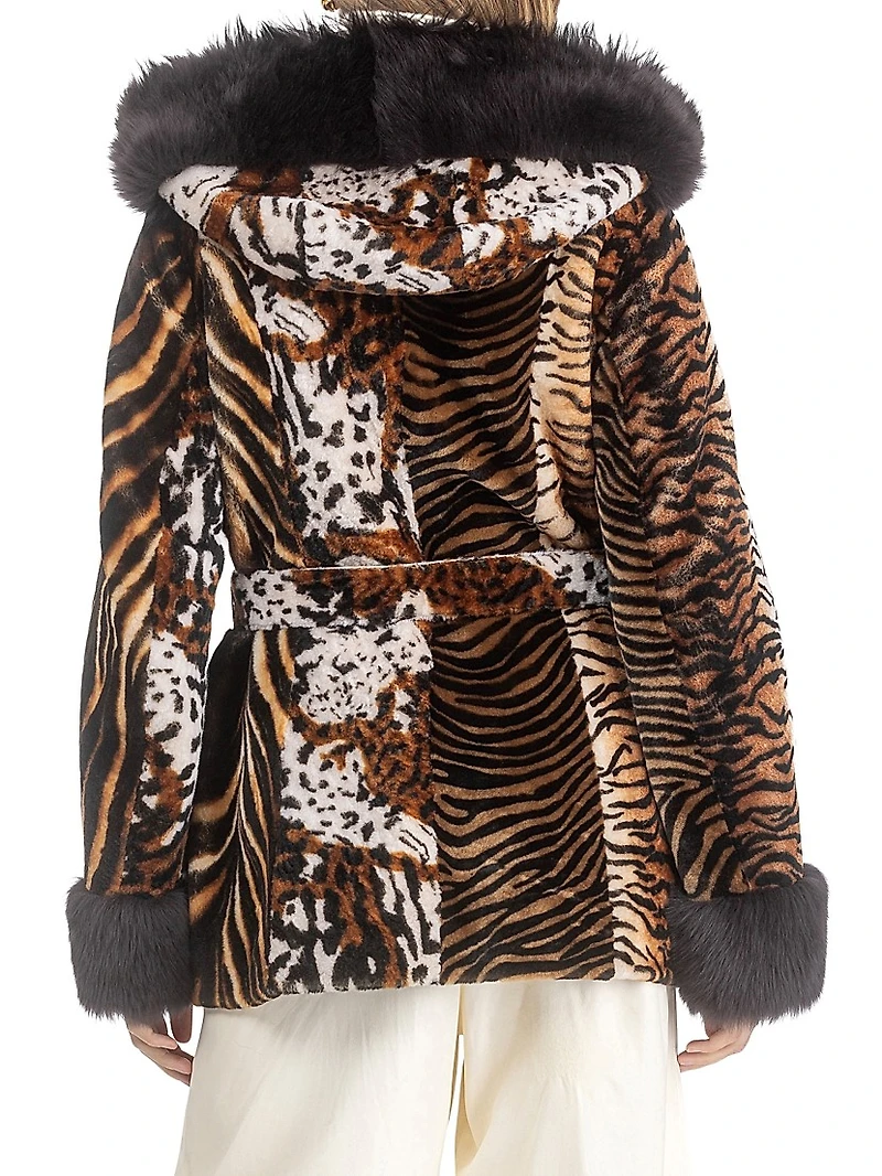 Shearling Lamb Parka with Merinillo Hood Trim and Cuffs, Belt