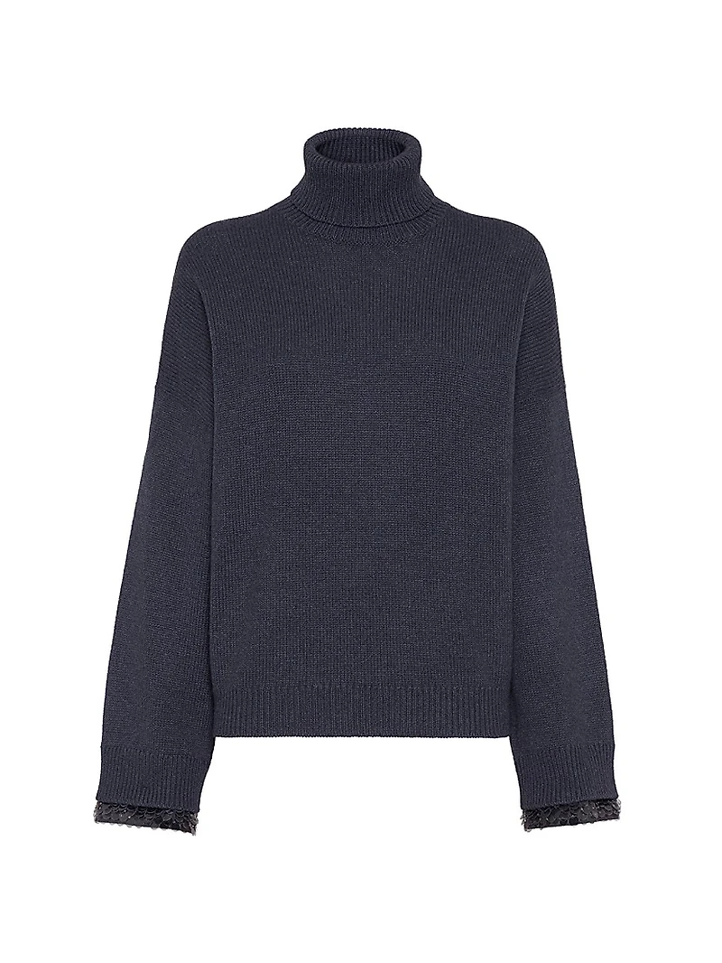 Virgin Wool, Cashmere and Silk Turtleneck Sweater with Swing Drops Cuffs