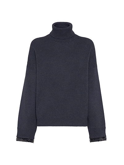 Virgin Wool, Cashmere and Silk Turtleneck Sweater with Swing Drops Cuffs
